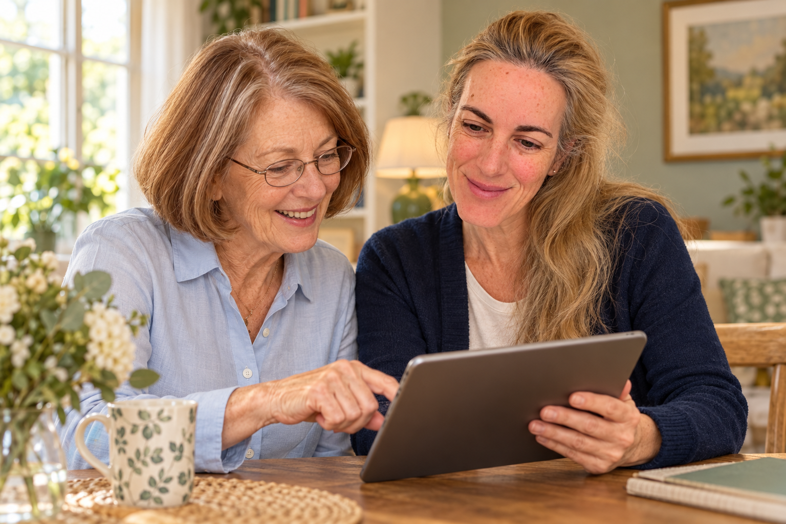 Pippa helping a woman use a tablet at home